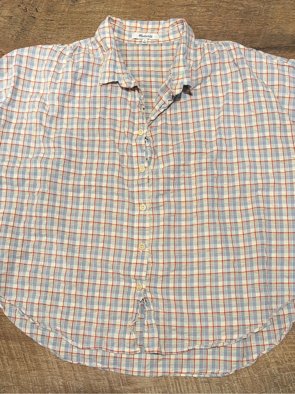 Madewell Light Blue and Red Plaid Button-Down Shirt
